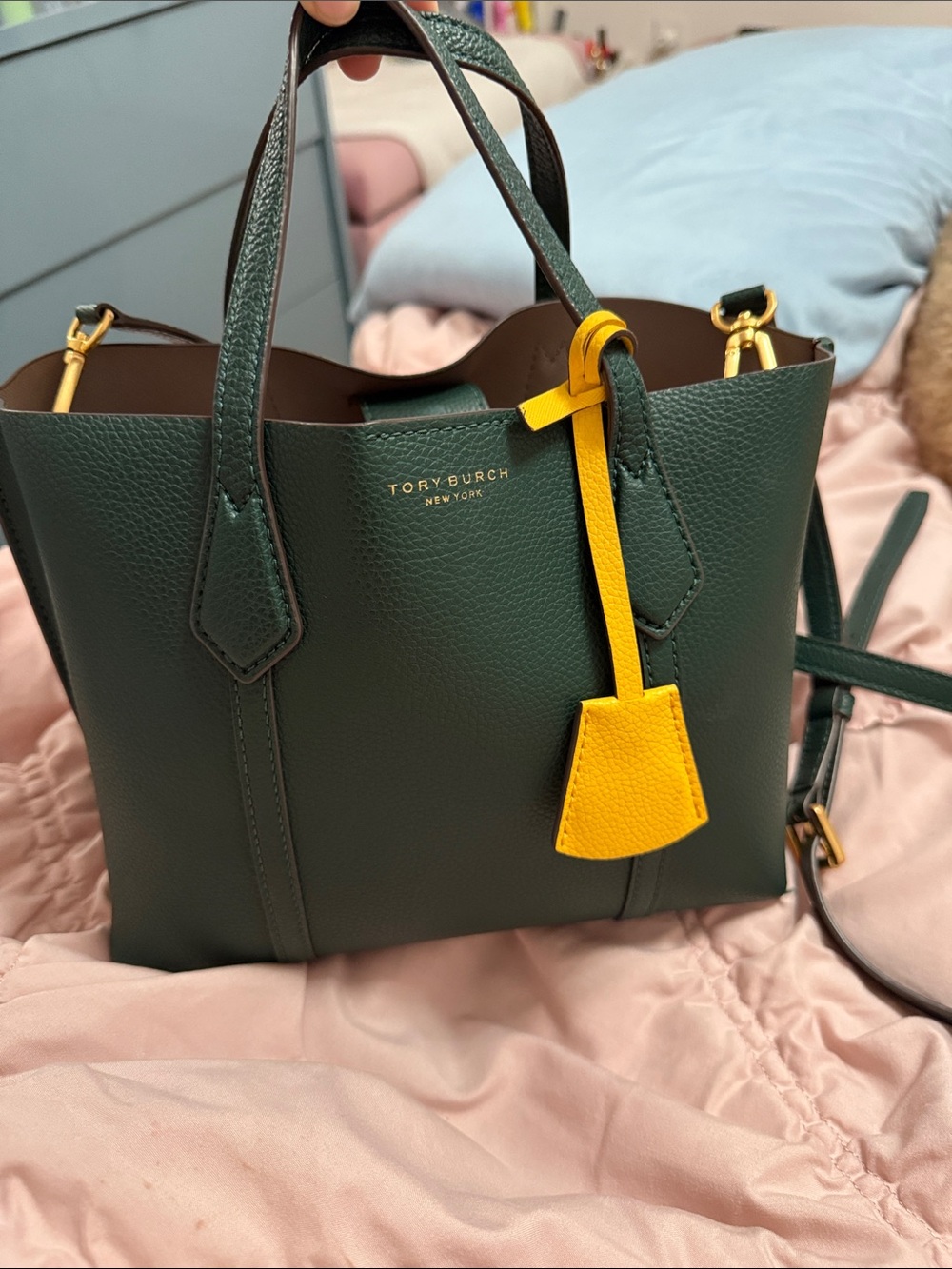 Tory Burch Dark Green Mini Tote with Yellow Tag